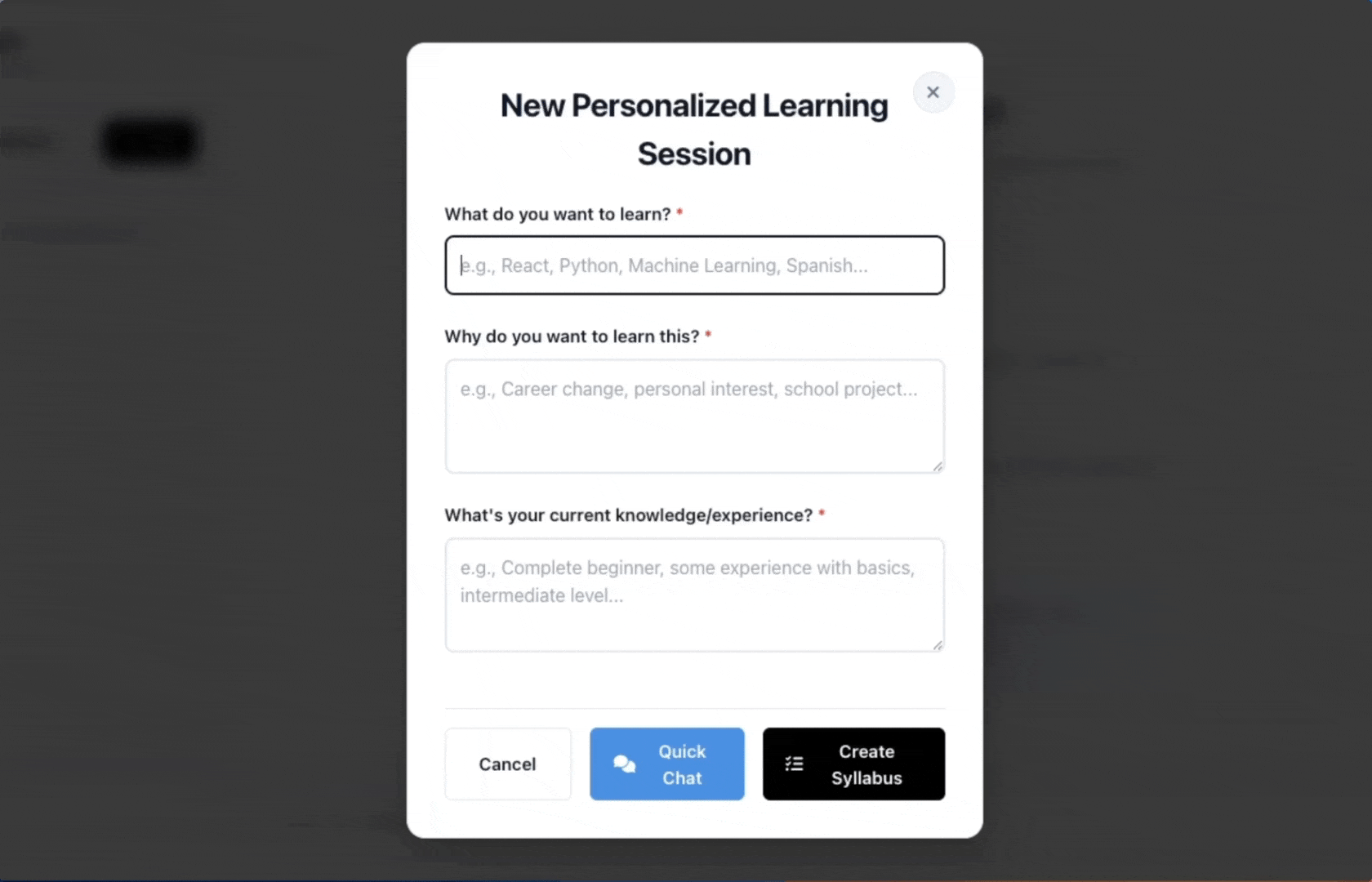 Creating a new learning session